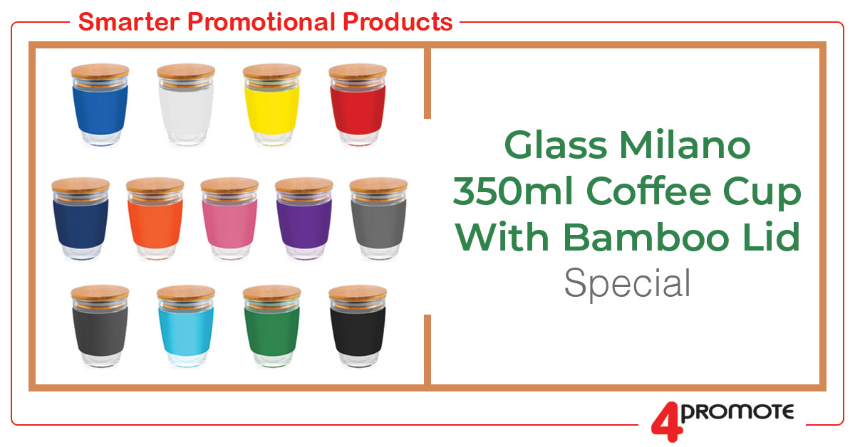 Custom Branded Glass Milano 350ml Coffee Cup with Bamboo Lid